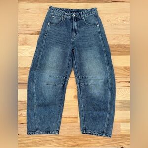 Vintage Dark Blue Denim Jeans | High Waist Tapered Fit | Moto Knee Detail